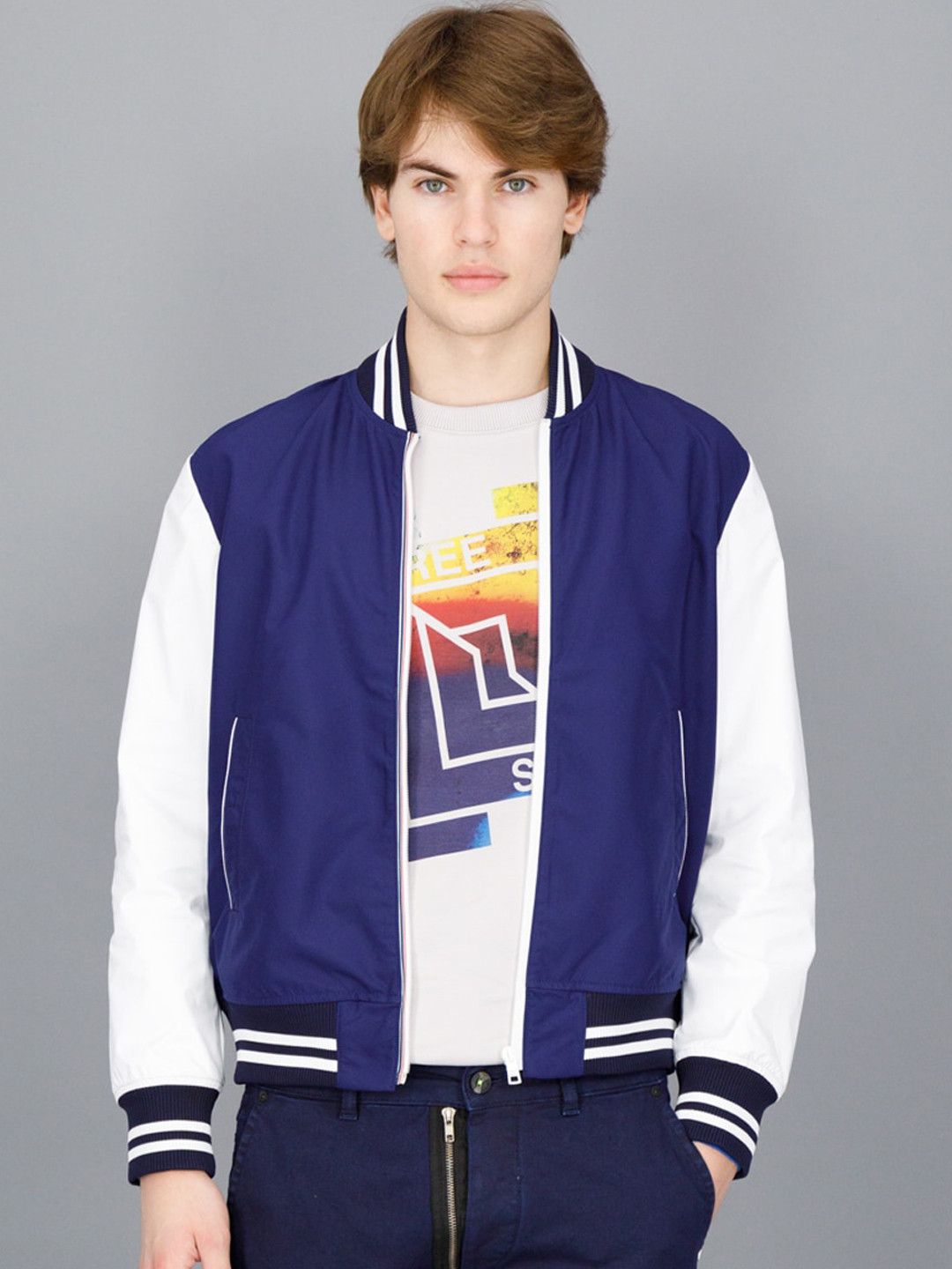 

FREESOUL Men Blue White Bomber Jacket