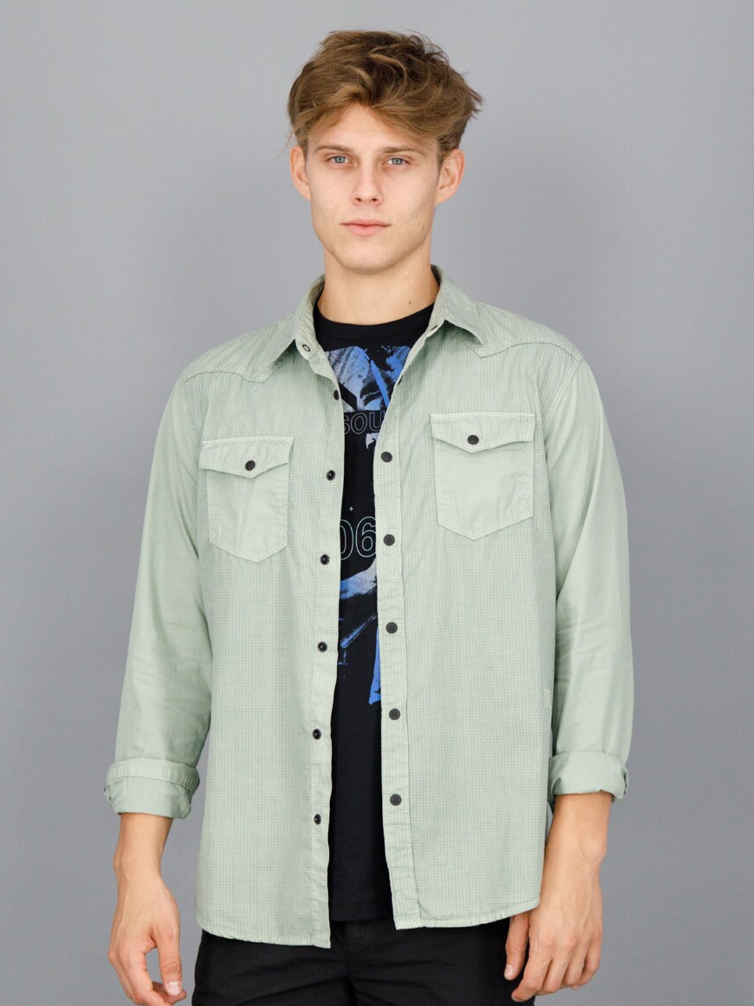 

FREESOUL Men Micro Checked Pure Cotton Casual Shirt, Green