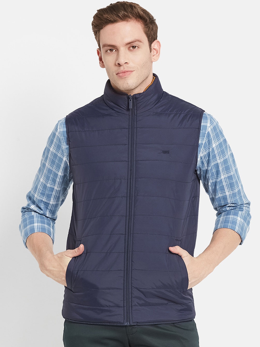 

METTLE Men Navy Blue Solid Padded Jacket