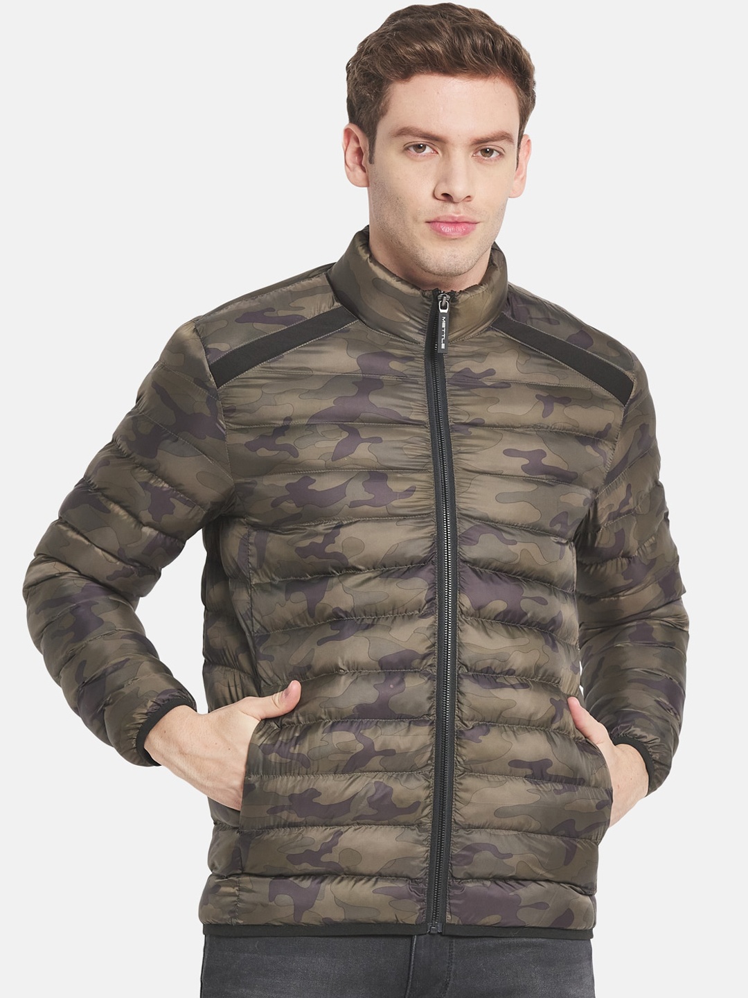 

METTLE Men Olive Green Camouflage Puffer Jacket