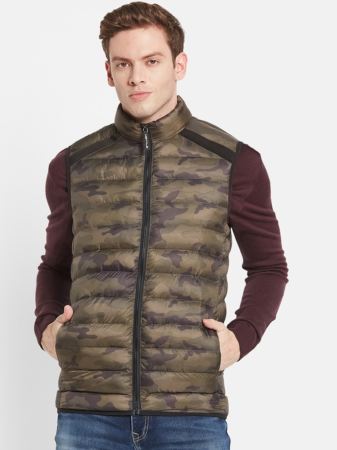 

METTLE Men Olive Green Camouflage Puffer Jacket