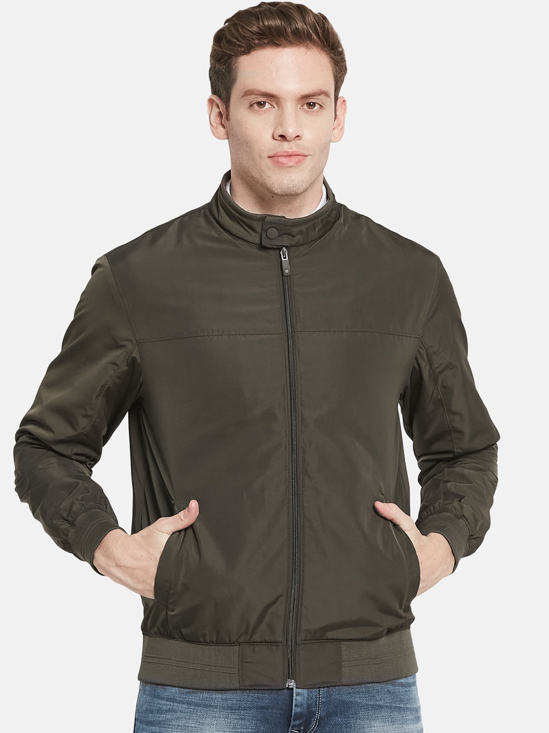 

METTLE Men Olive Green Solid Bomber Jacket