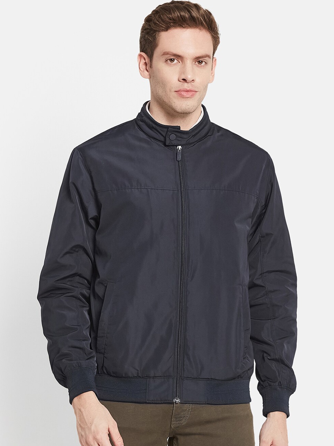 

METTLE Men Navy Blue Bomber Jacket