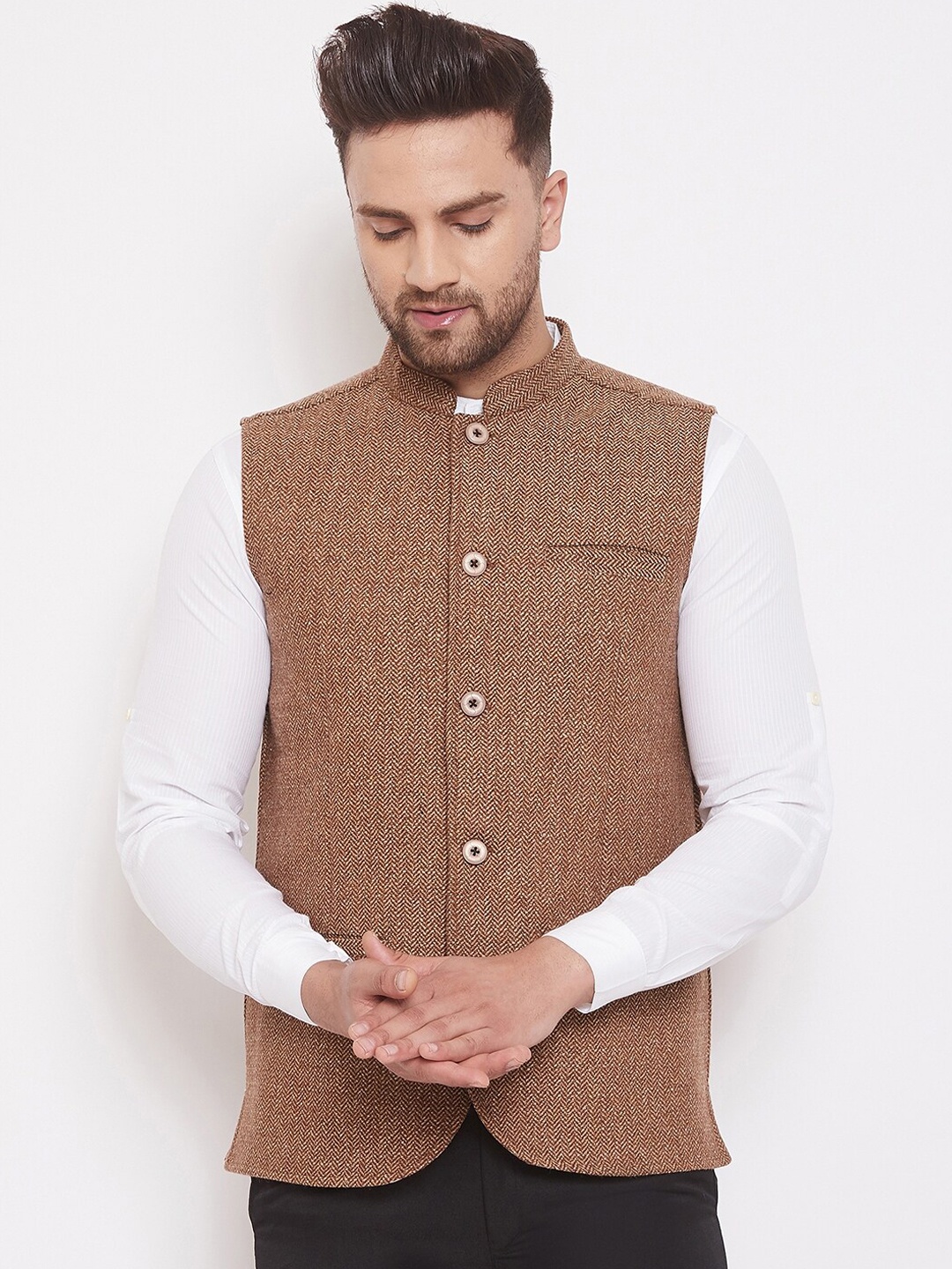 

even Men Camel Brown Woven Design Woolen Nehru Jacket