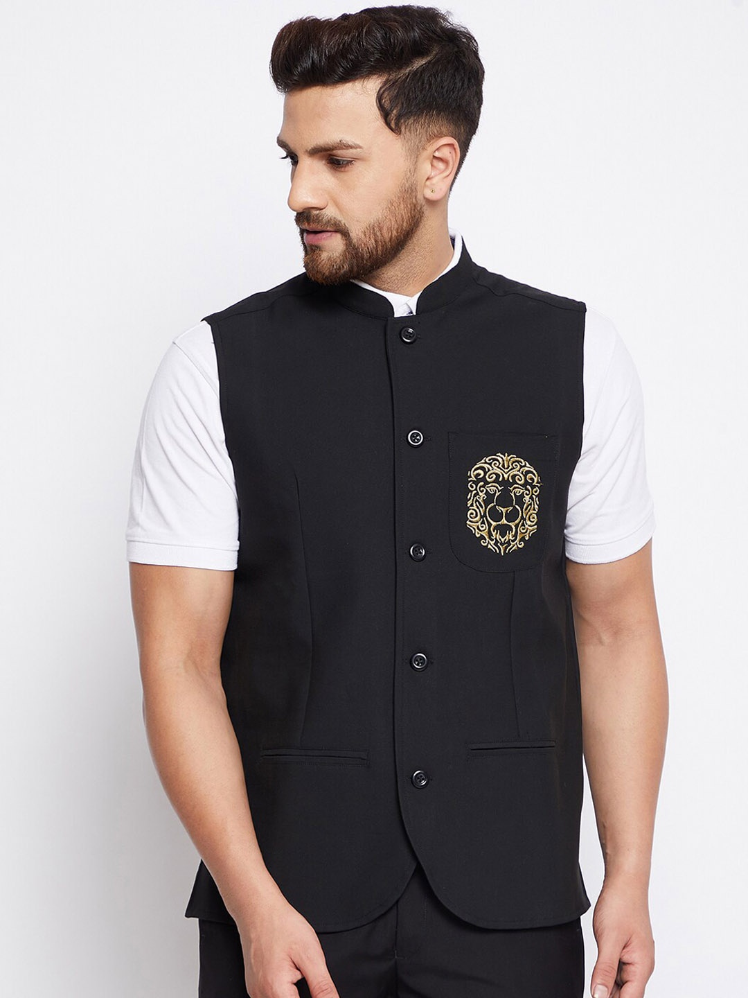 

even Men Black Solid Woven Sleeveless Nehru Jacket