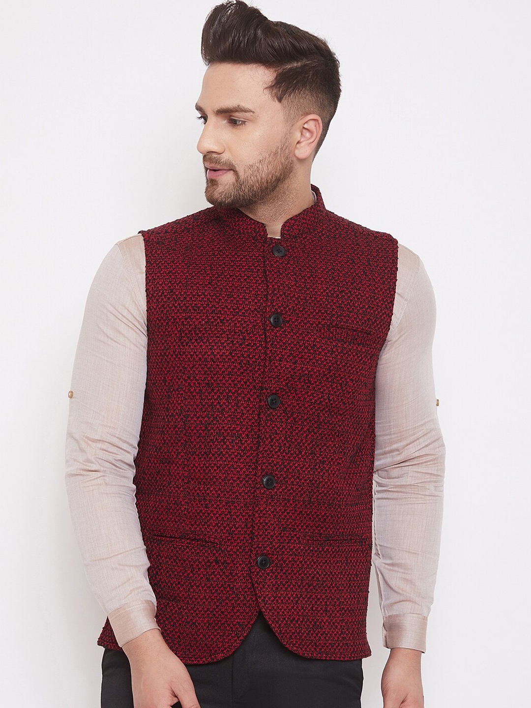 

even Men Maroon Solid Mandarin Collar Woven-Design Nehru Jackets