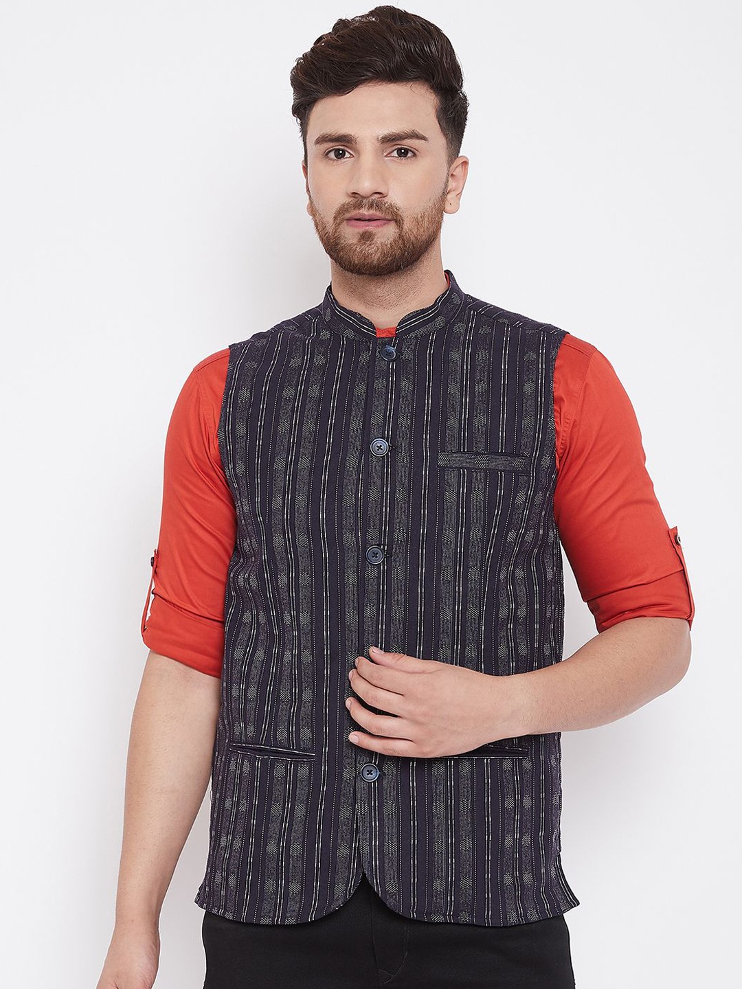 

even Men Black Printed Pure Cotton Mandarin Collar Woven Nehru Jacket