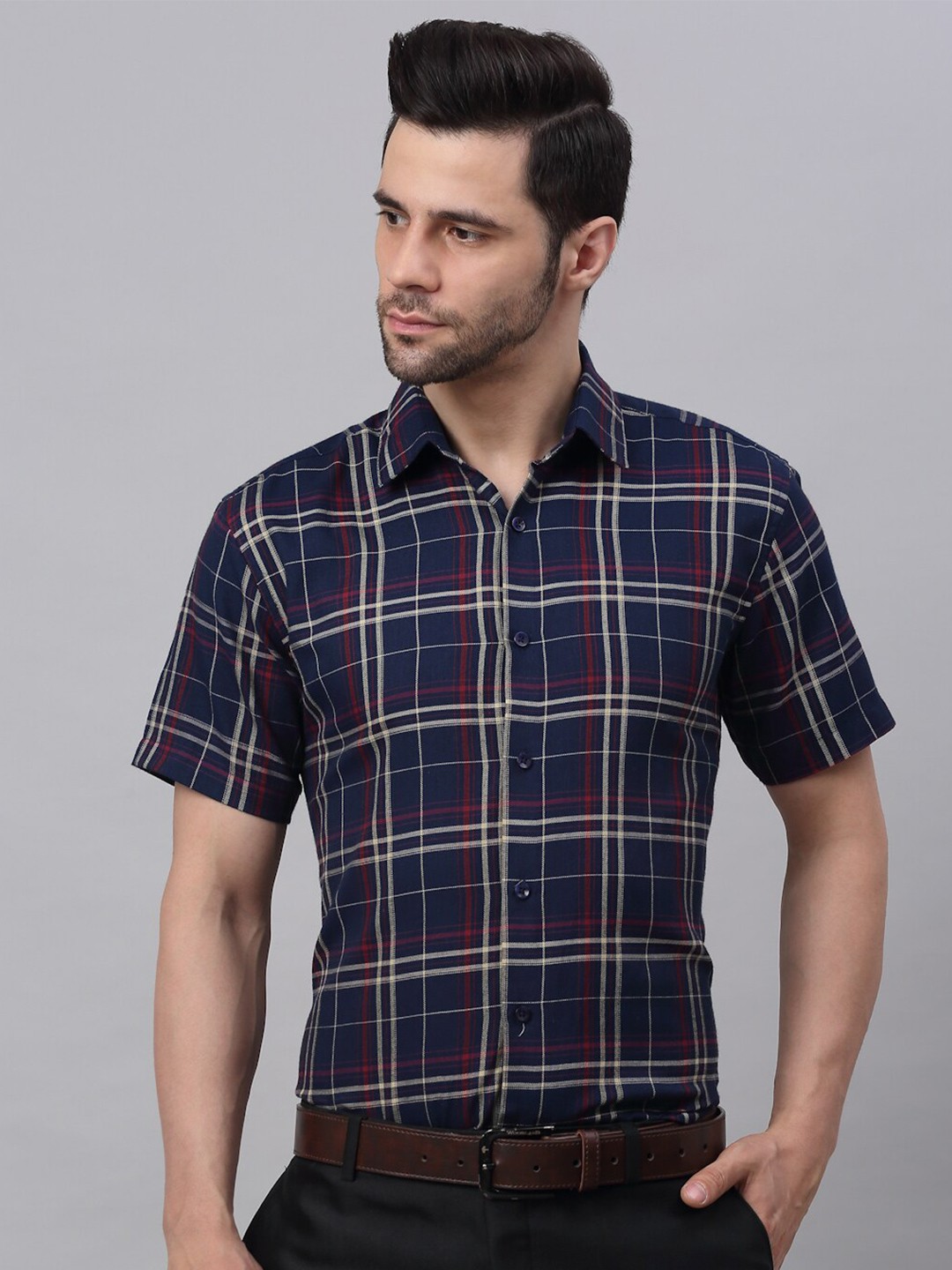 

JAINISH Men Navy Blue Classic Tartan Checked Pure Cotton Formal Shirt