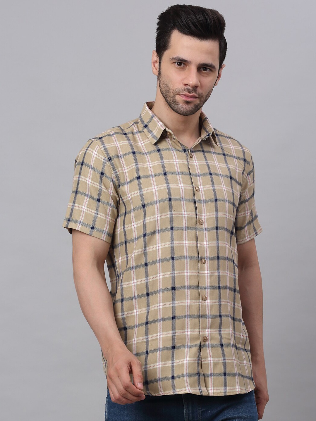 

JAINISH Men Beige Classic Tartan Checked Pure Cotton Casual Shirt