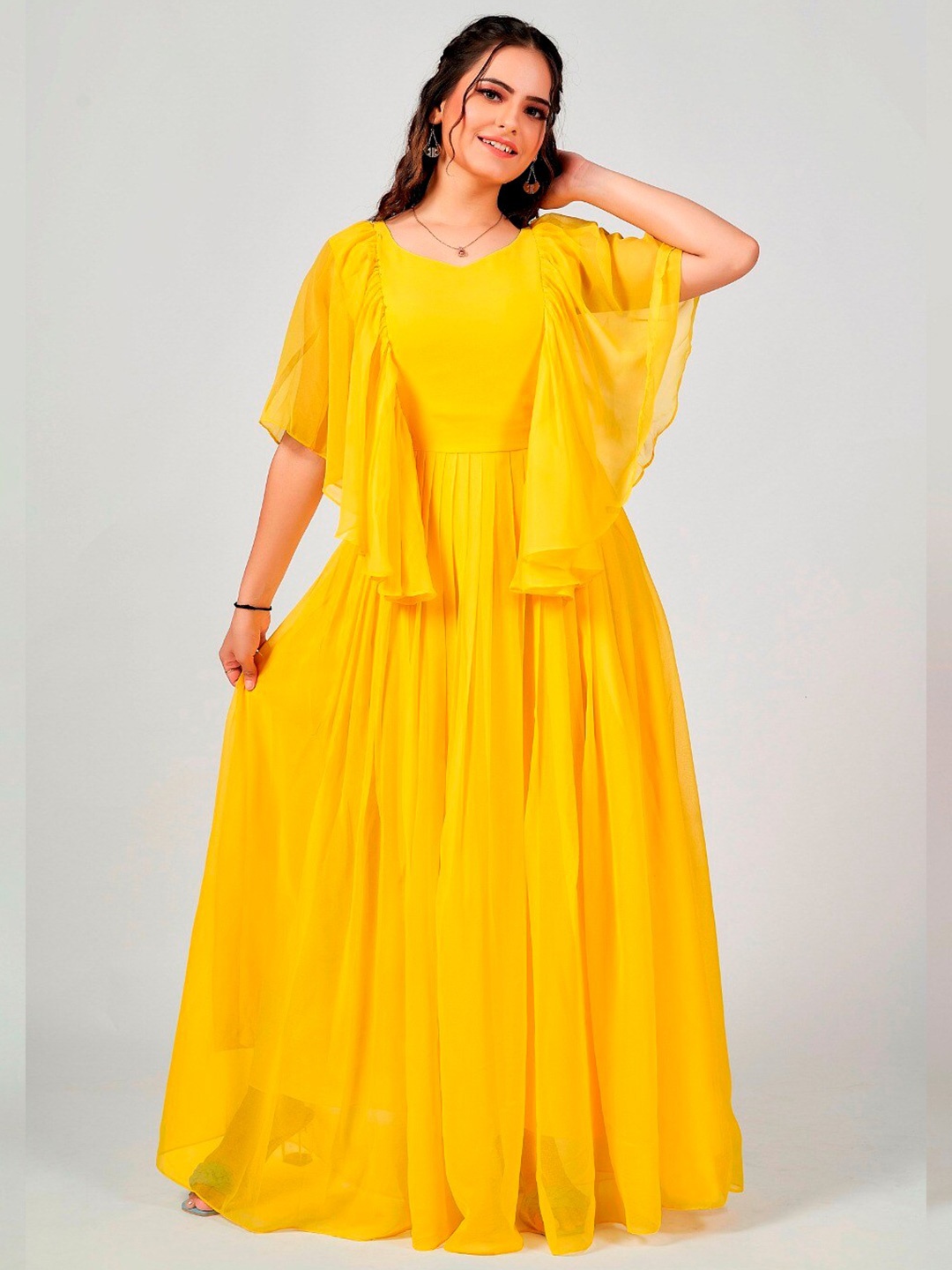 

APNISHA Women Yellow Solid Pleated Georgette Maxi Dress