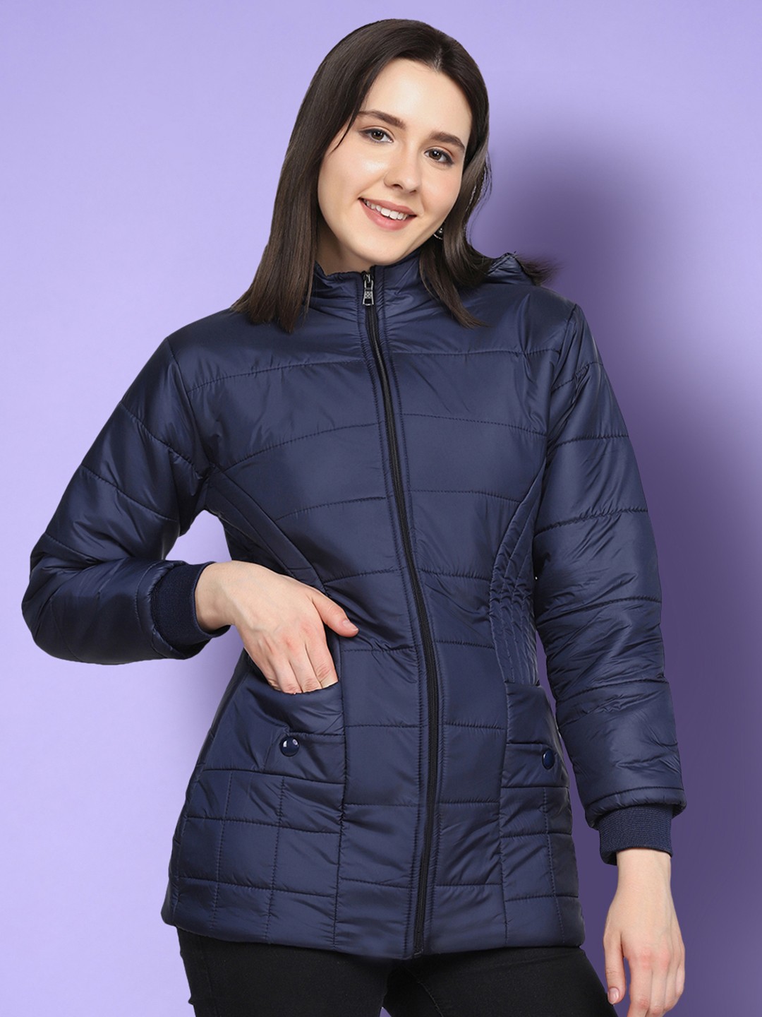 

BUY NEW TREND Women Navy Blue Lightweight Longline Puffer Jacket