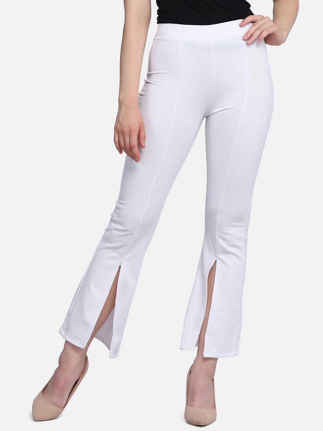 

BUY NEW TREND Women White Comfort Slim Fit Lycra High-Rise Bootcut Trousers