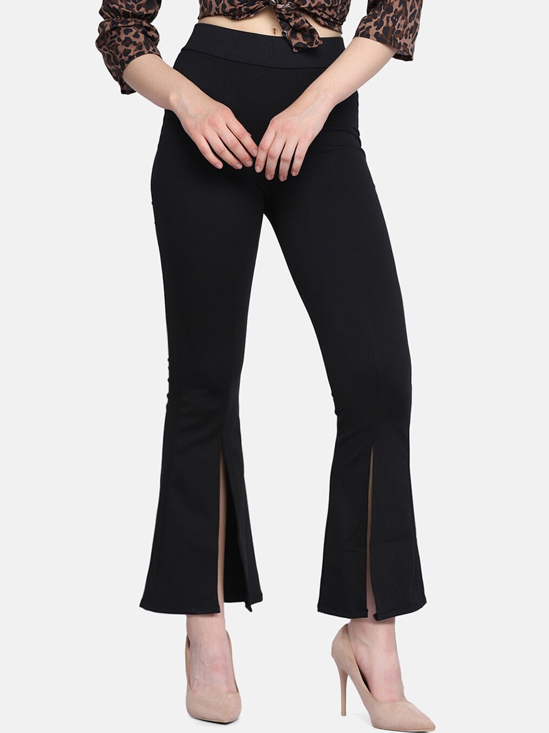 

BUY NEW TREND Women Black Comfort Slim Fit Lycra High-Rise Bootcut Trousers