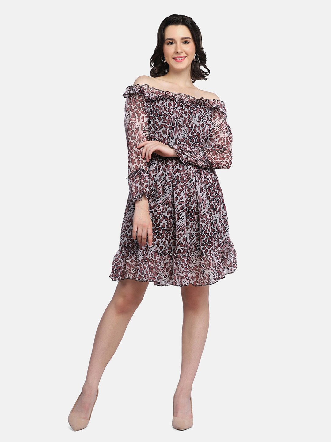 

BUY NEW TREND Women Brown Animal Printed Georgette Fit & Flare Dress