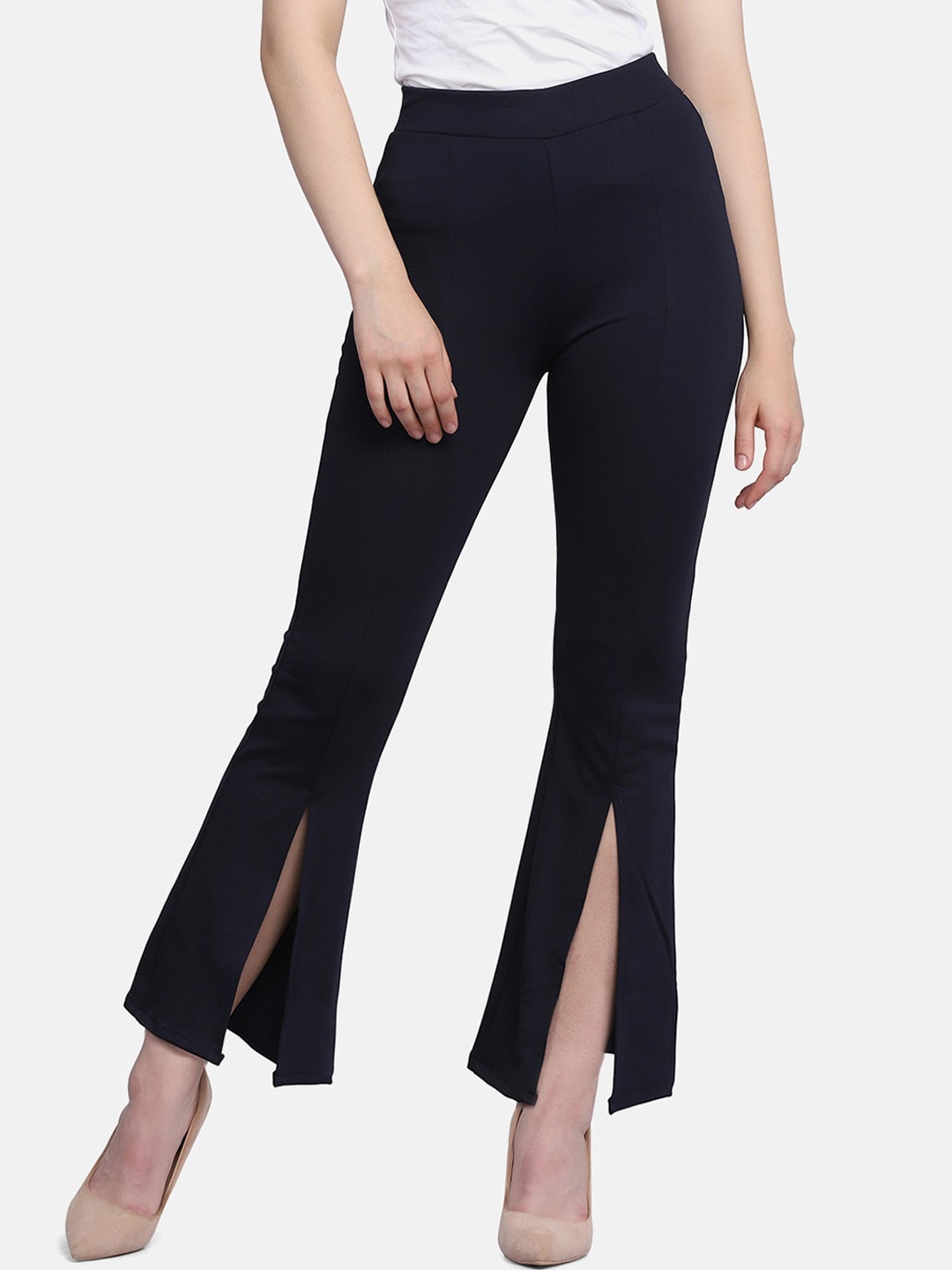 

BUY NEW TREND Women Navy Blue Comfort Slim Fit Lycra High-Rise Bootcut Trousers