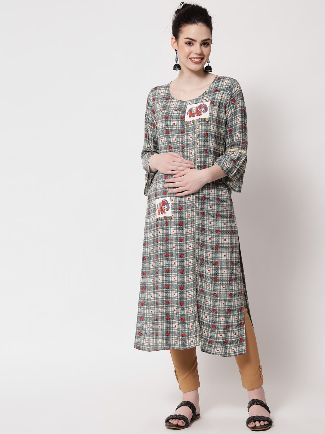 

Aujjessa Women Black & Grey Checked Bell Sleeves Thread Work Maternity Kurta