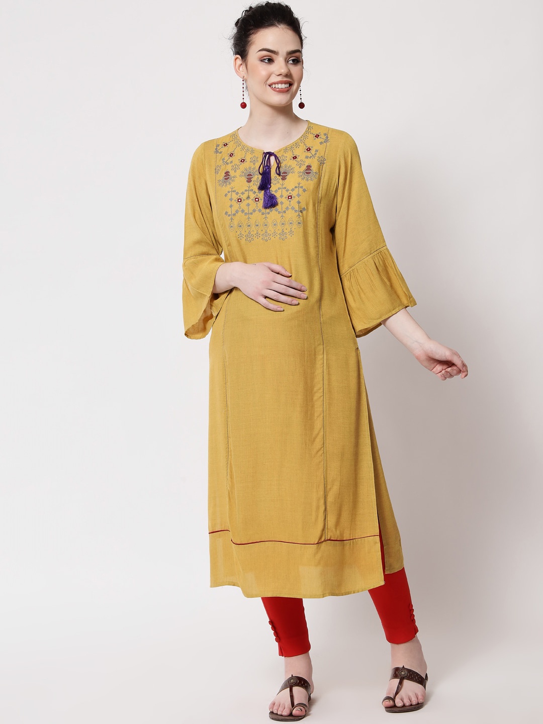 

Aujjessa Women Beige Embroidered Bell Sleeves Thread Work Maternity Kurta
