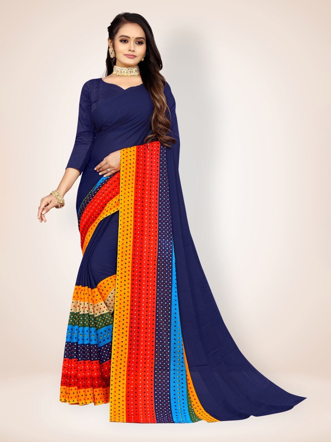 

Abhilasha Navy Blue And Red Half and Half Polka Dot Saree