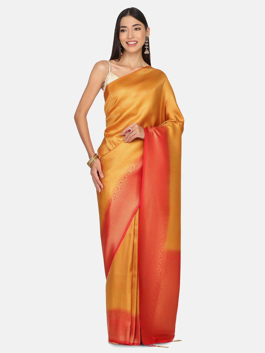 

BOMBAY SELECTIONS Yellow & Orange Ethnic Motifs Art Silk Banarasi Saree