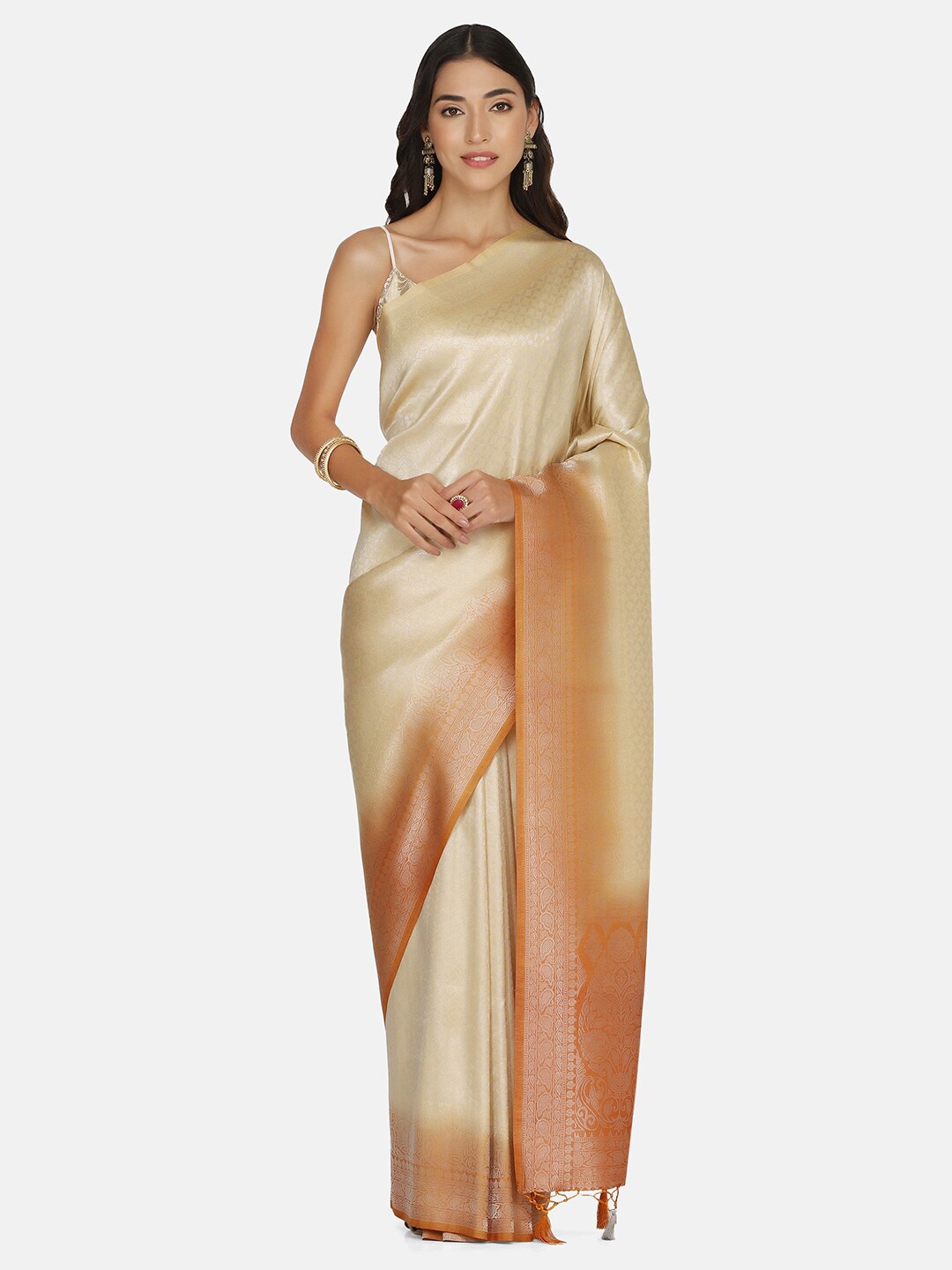 

BOMBAY SELECTIONS Cream-Coloured & Brown Ethnic Motifs Zari Art Silk Banarasi Saree