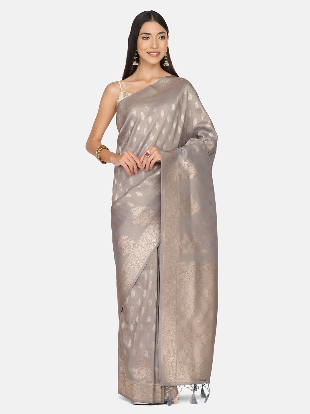 

BOMBAY SELECTIONS Grey Floral Zari Pure Silk Banarasi Saree