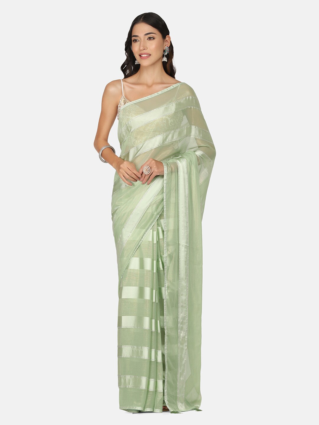 

BOMBAY SELECTIONS Green & Silver-Toned Striped Brocade Saree