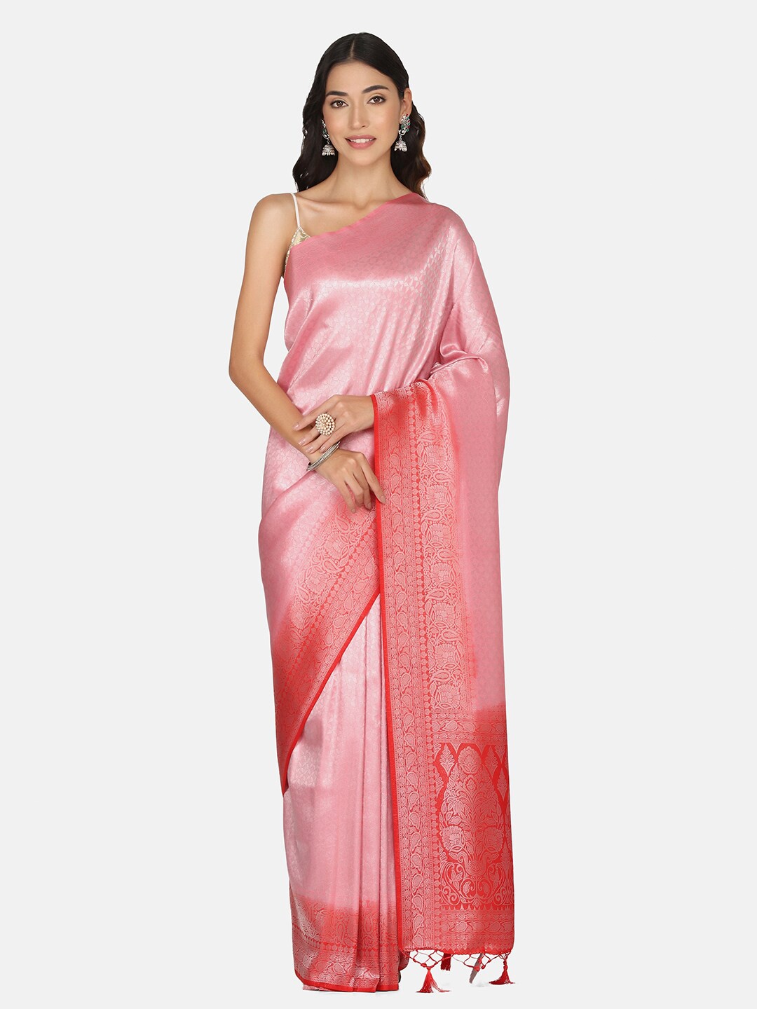 

BOMBAY SELECTIONS Pink & Red Woven Design Zari Art Silk Banarasi Saree