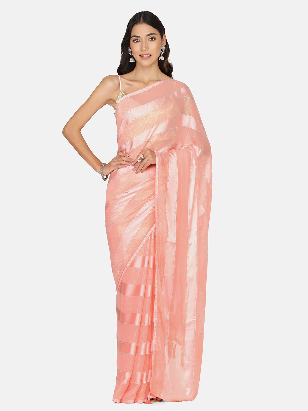 

BOMBAY SELECTIONS Pink & Silver-Toned Woven Design Brocade Saree