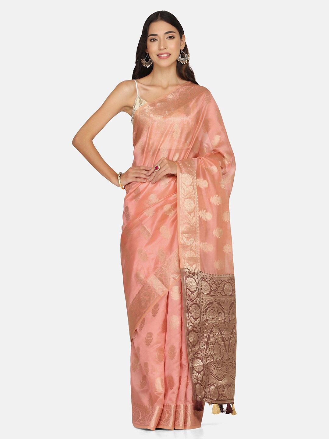 

BOMBAY SELECTIONS Peach-Coloured & Brown Woven Design Zari Organza Banarasi Saree