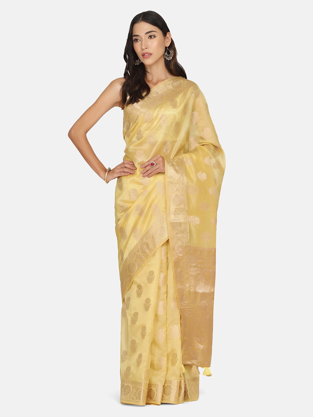 

BOMBAY SELECTIONS Yellow & Gold-Toned Woven Design Zari Organza Banarasi Saree