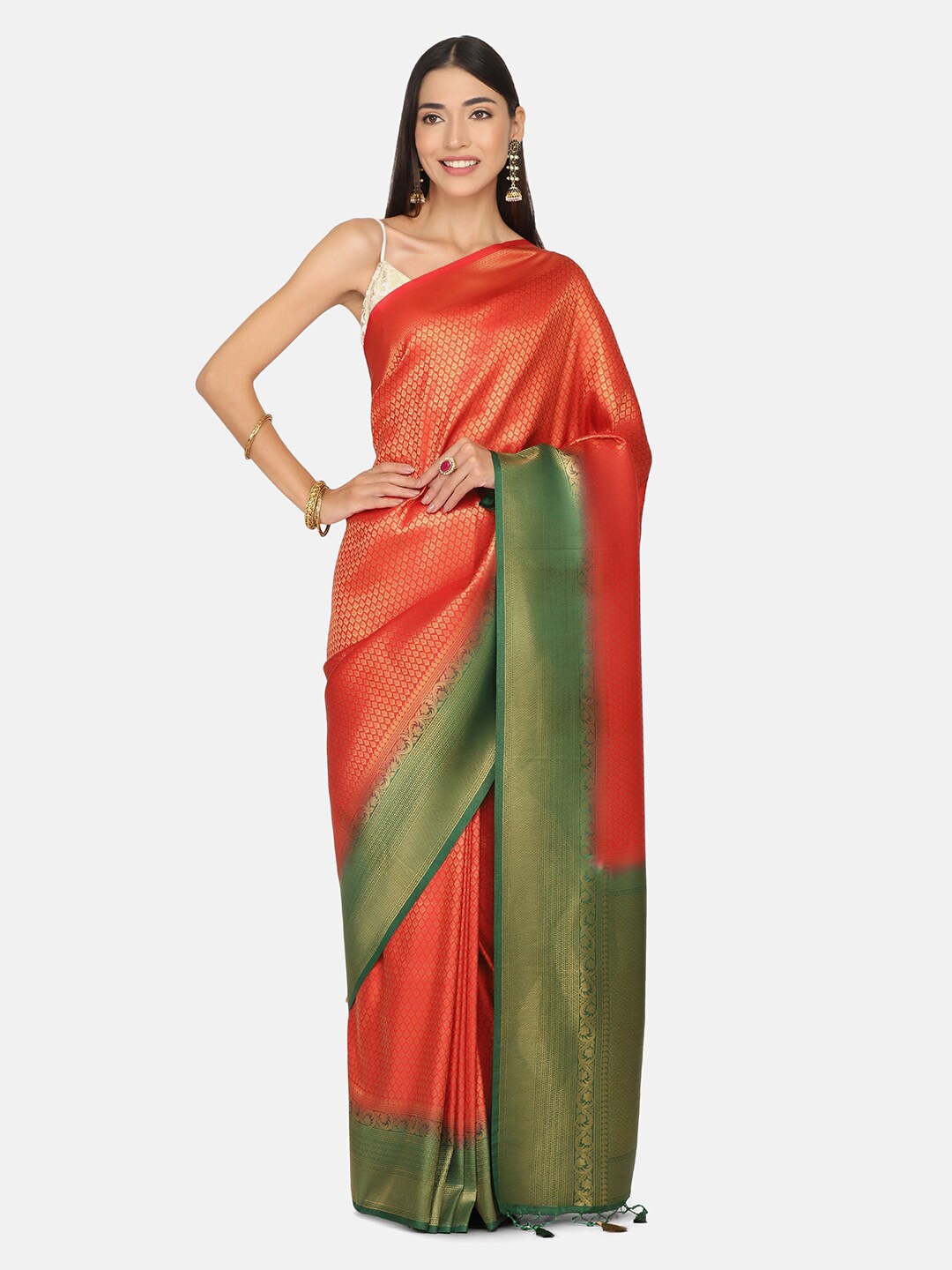 

BOMBAY SELECTIONS Red & Green Woven Design Zari Art Silk Banarasi Saree