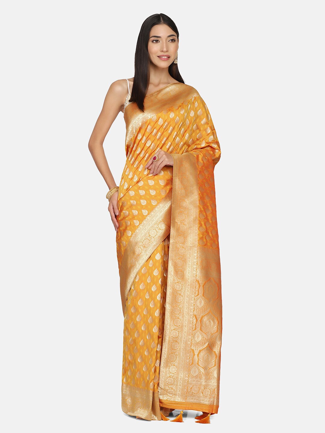 

BOMBAY SELECTIONS Yellow & Gold-Toned Woven Design Zari Art Silk Banarasi Saree