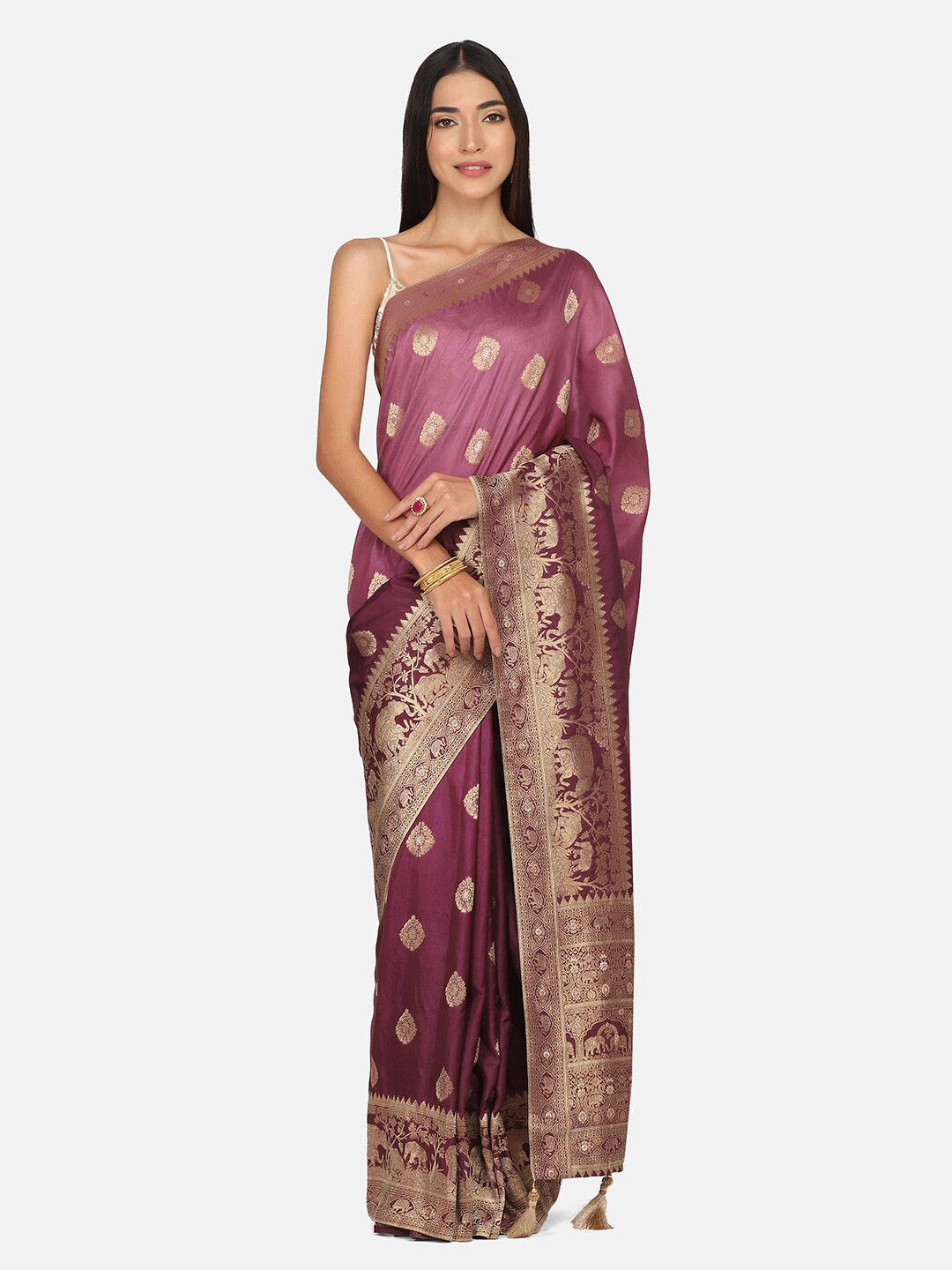 

BOMBAY SELECTIONS Purple & Gold-Toned Woven Design Zari Pure Silk Banarasi Saree