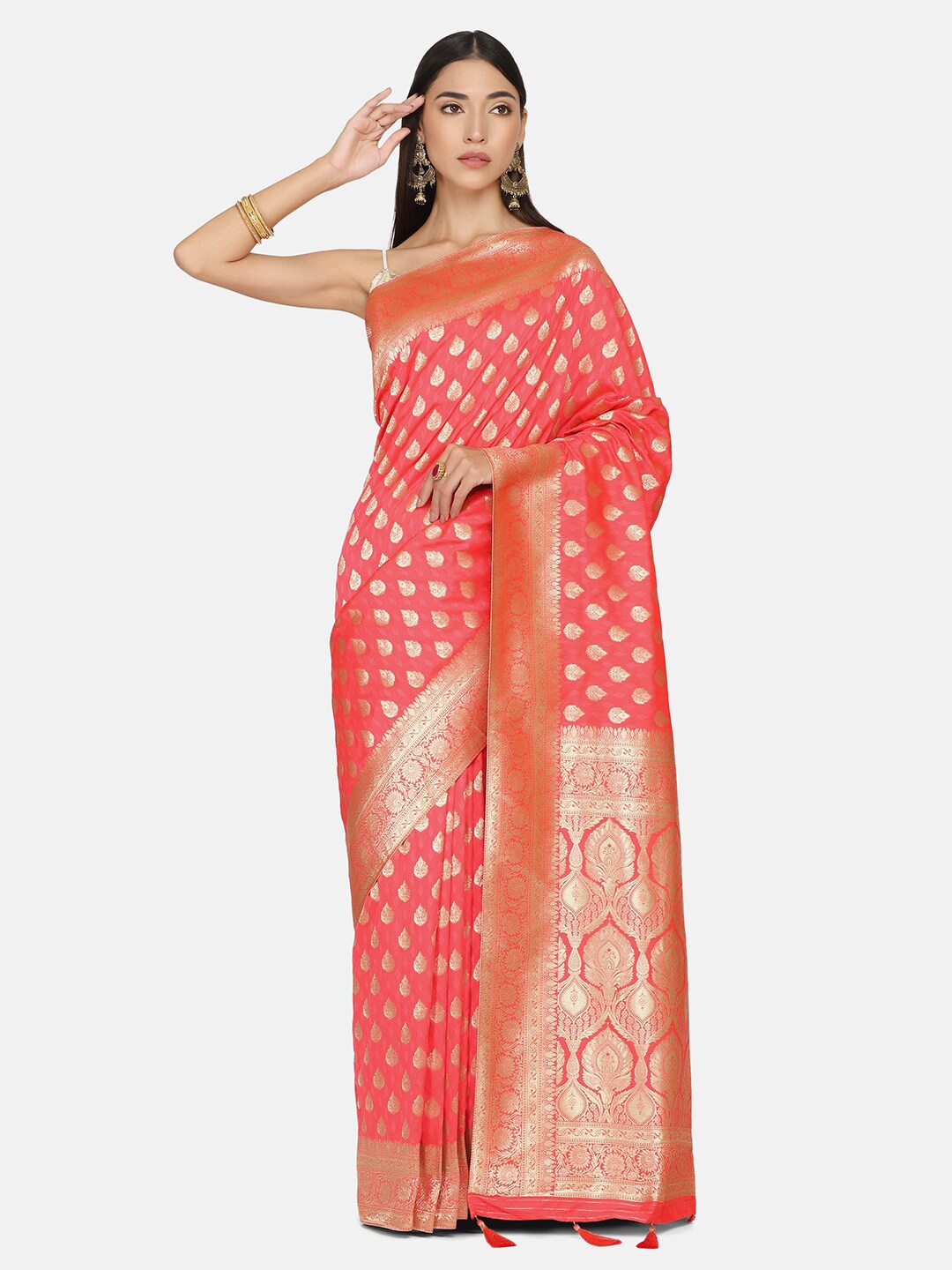 

BOMBAY SELECTIONS Pink & Gold-Toned Woven Design Zari Art Silk Banarasi Saree