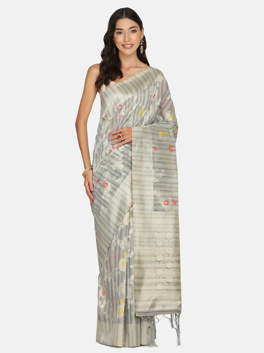 

BOMBAY SELECTIONS Grey & Gold-Toned Woven Design Zari Organza Banarasi Saree