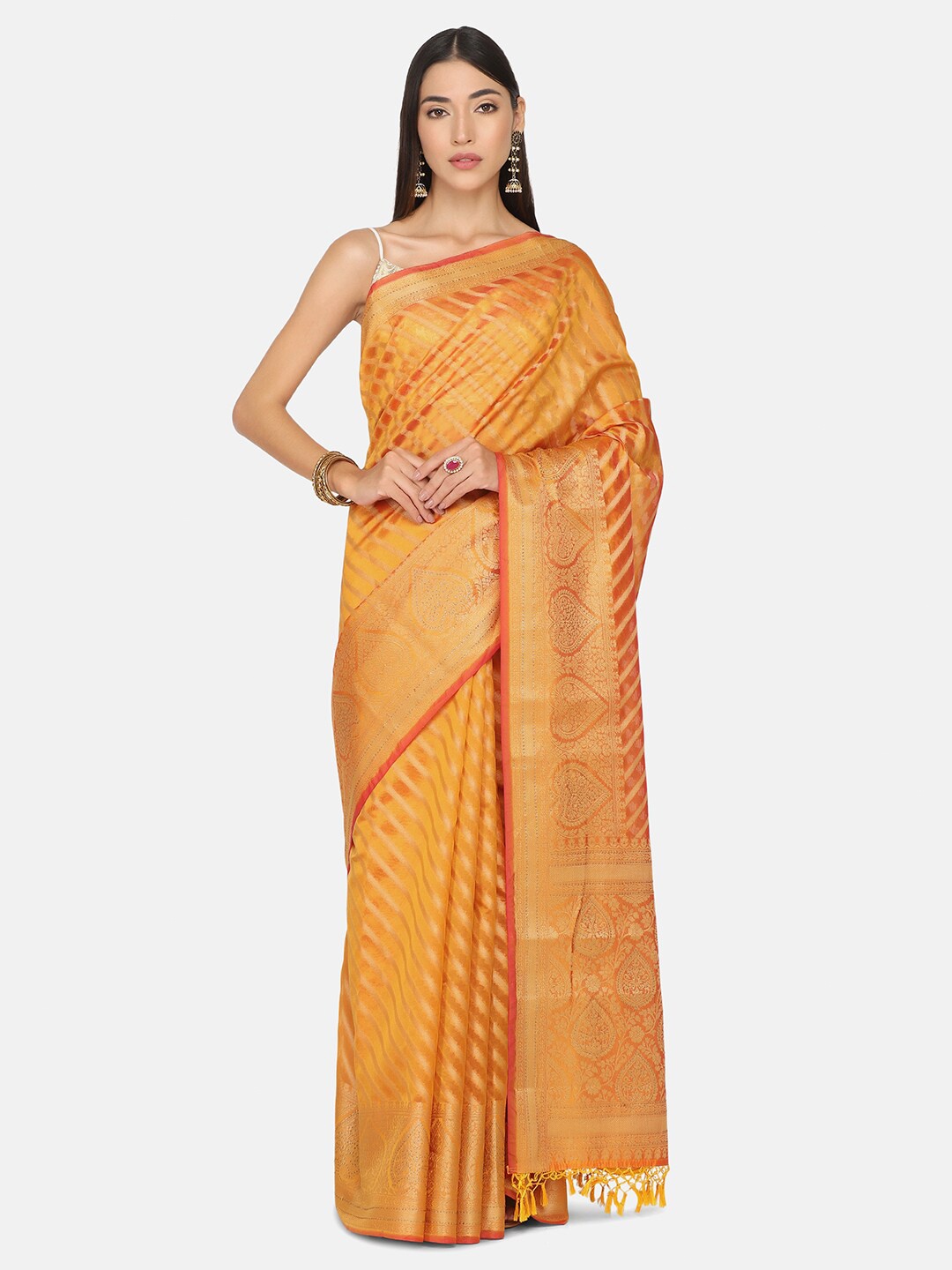 

BOMBAY SELECTIONS Yellow & Gold-Toned Woven Design Zari Organza Banarasi Saree