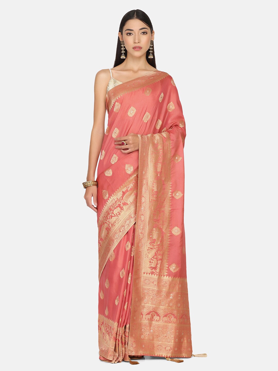 

BOMBAY SELECTIONS Pink & Gold-Toned Woven Design Zari Pure Silk Banarasi Saree