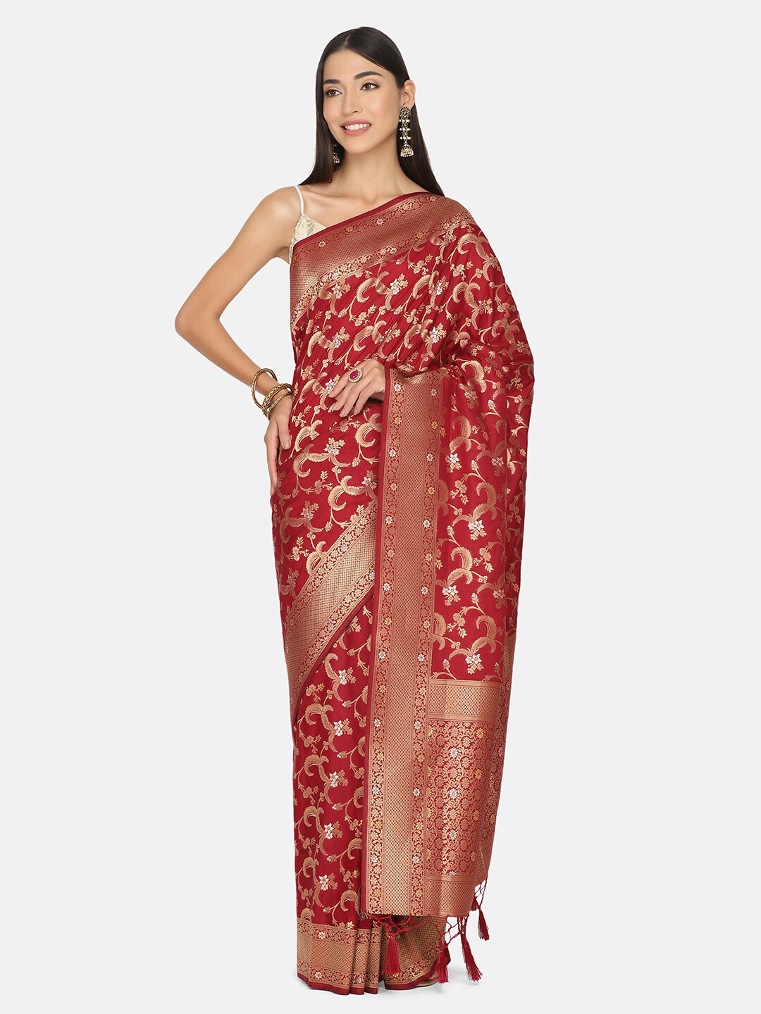 

BOMBAY SELECTIONS Maroon & Gold-Toned Woven Design Zari Art Silk Banarasi Saree
