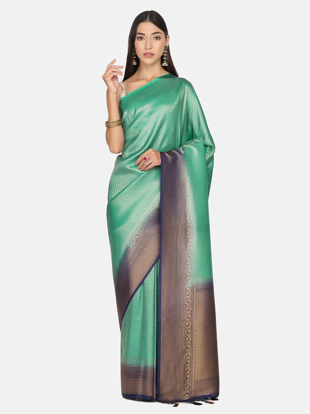 

BOMBAY SELECTIONS Green & Brown Woven Design Zari Art Silk Banarasi Saree