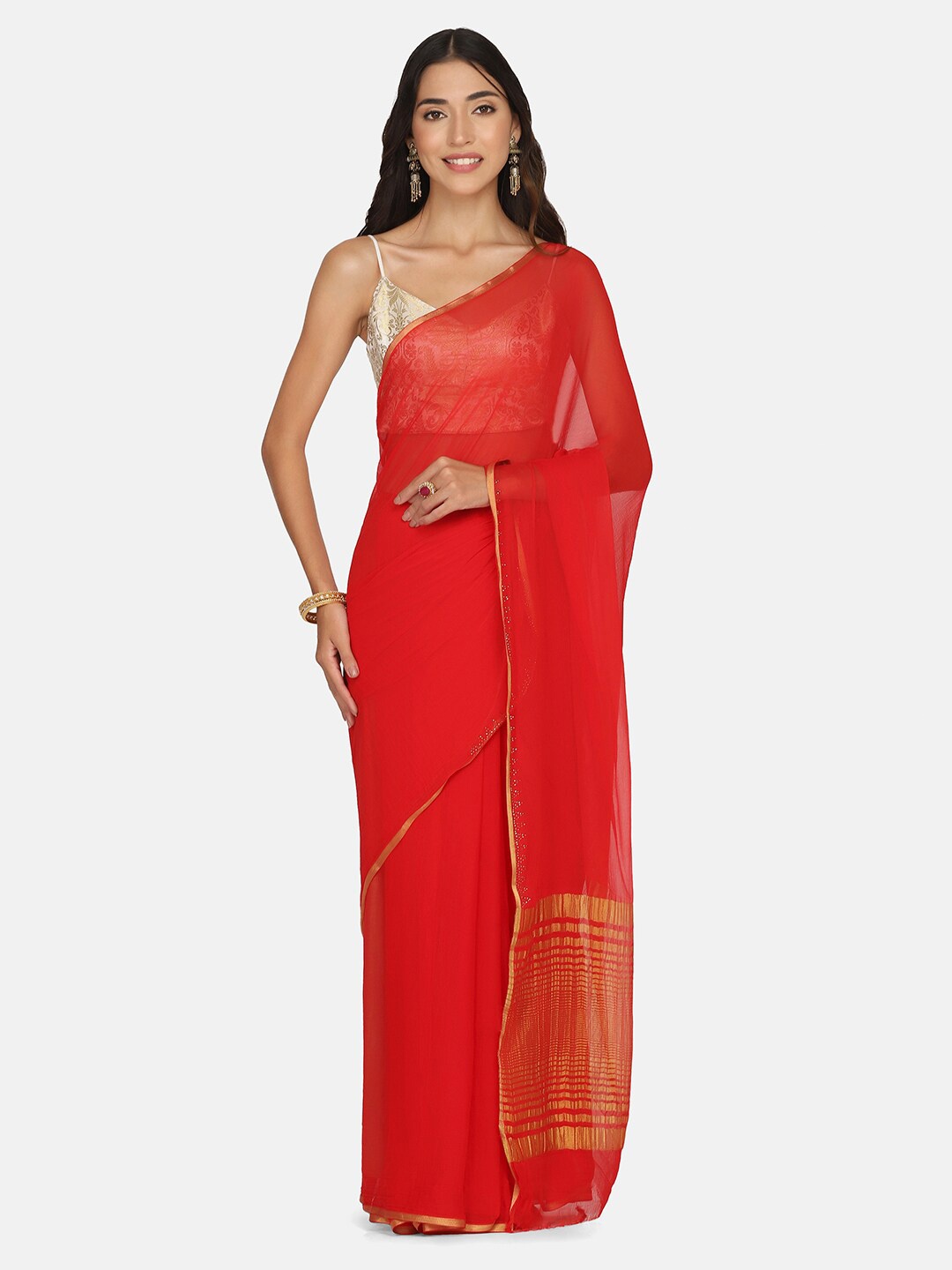 

BOMBAY SELECTIONS Red & Gold-Toned Solid Banarasi Saree