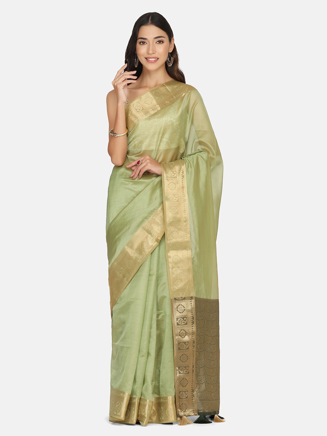 

BOMBAY SELECTIONS Green & Gold-Toned Woven Design Zari Organza Banarasi Saree