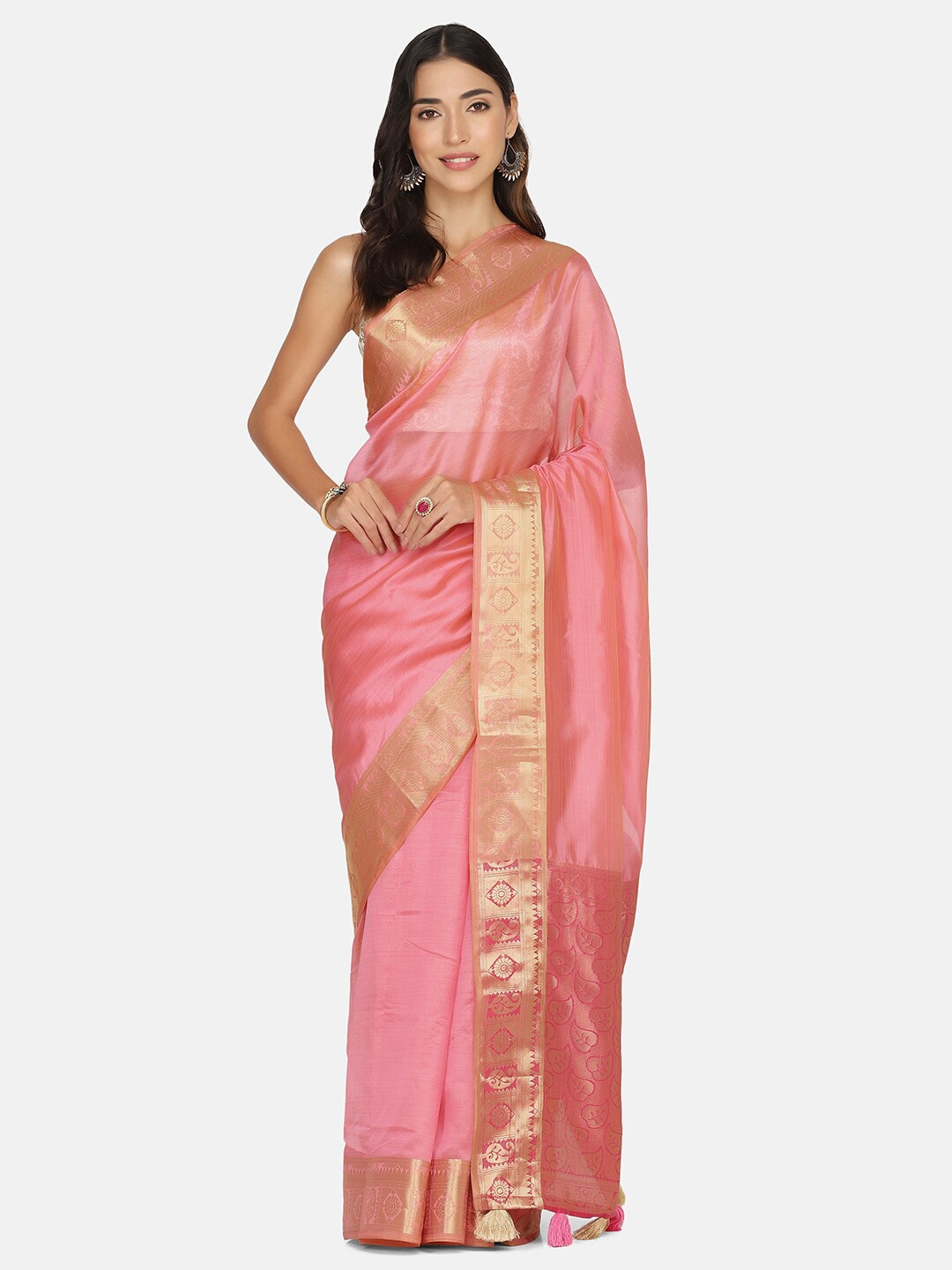 

BOMBAY SELECTIONS Pink & Gold-Toned Woven Design Zari Organza Banarasi Saree