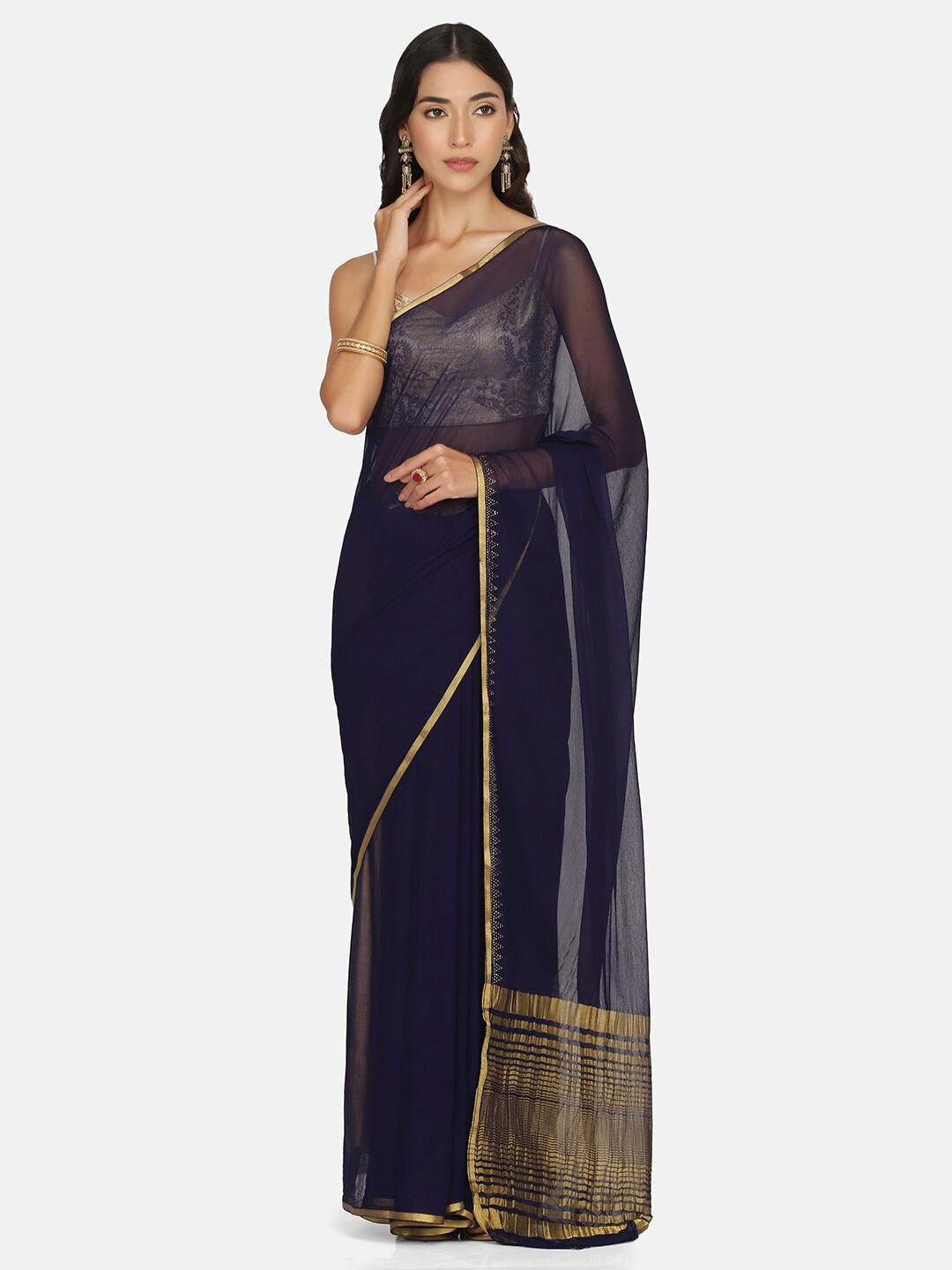 

BOMBAY SELECTIONS Navy Blue & Gold-Toned Banarasi Saree