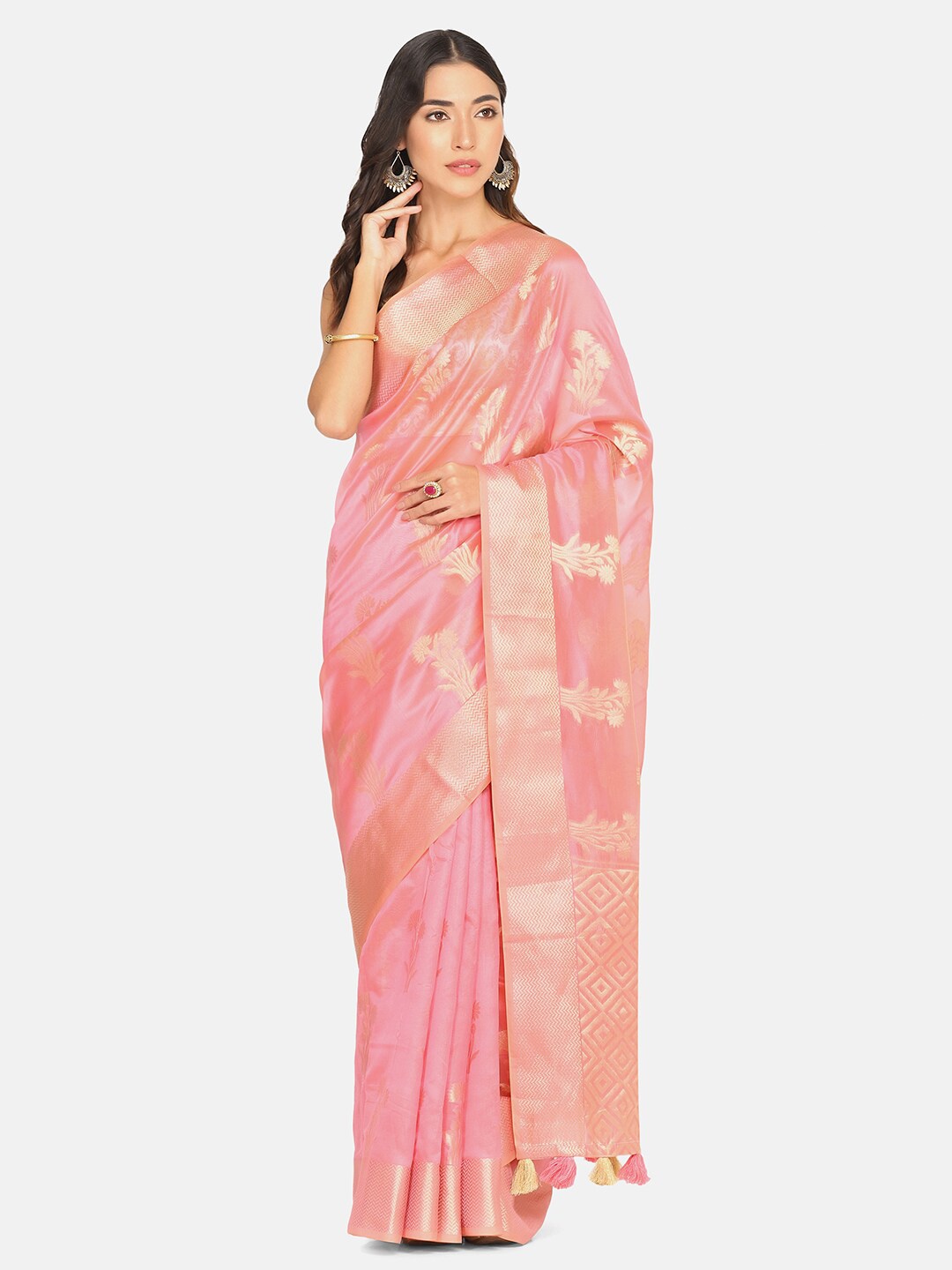 

BOMBAY SELECTIONS Pink & Gold-Toned Floral Zari Organza Banarasi Saree