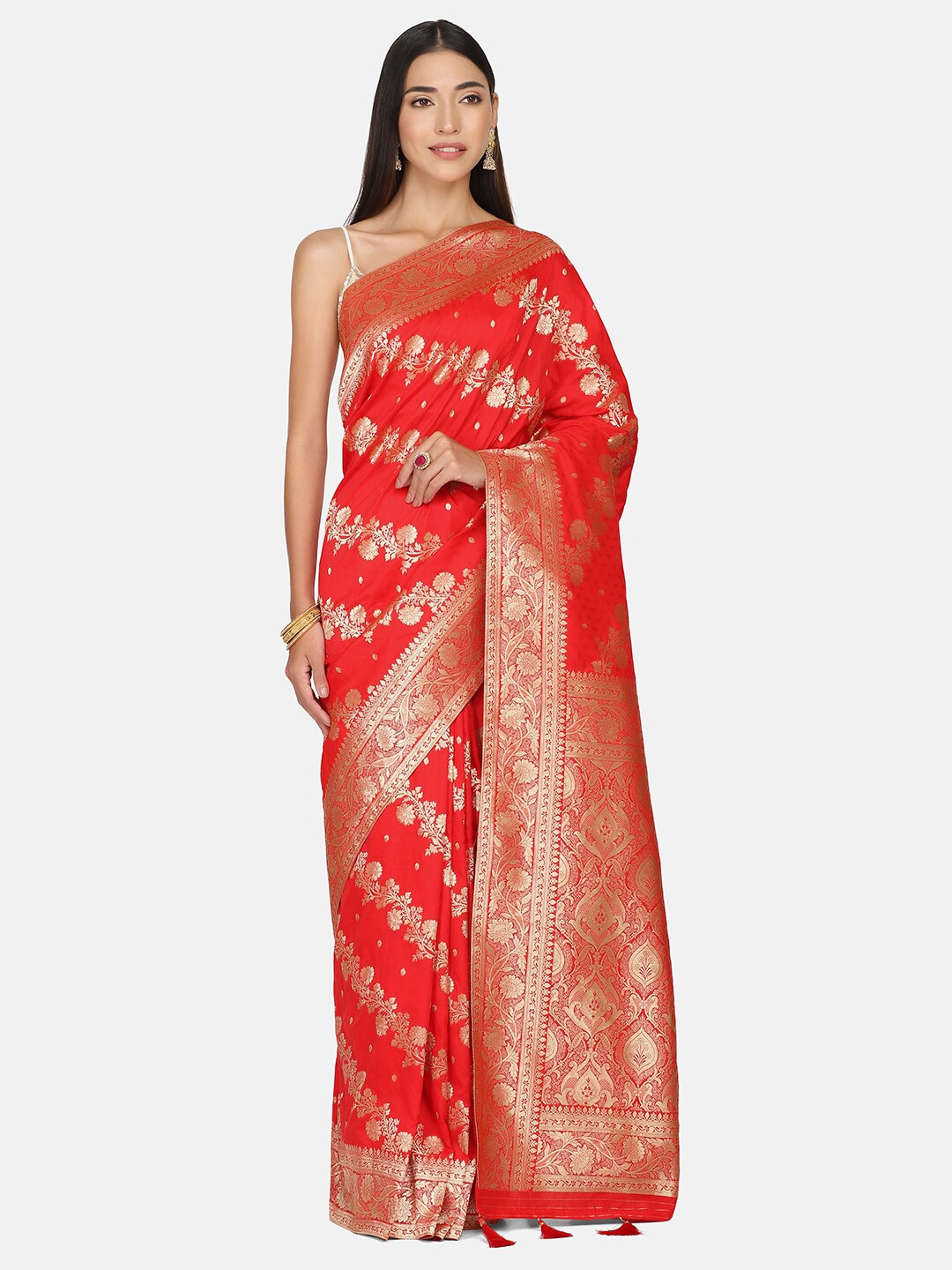 

BOMBAY SELECTIONS Red & Gold-Toned Woven Design Zari Art Silk Banarasi Saree