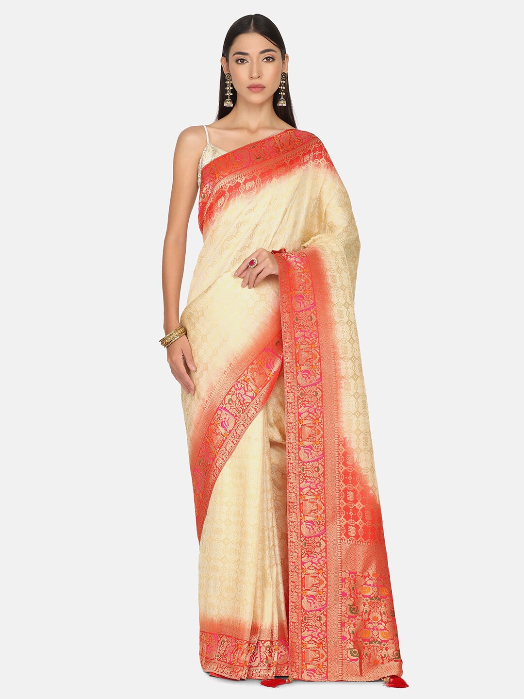 

BOMBAY SELECTIONS Cream-Coloured & Orange Ethnic Motifs Zari Pure Silk Banarasi Saree