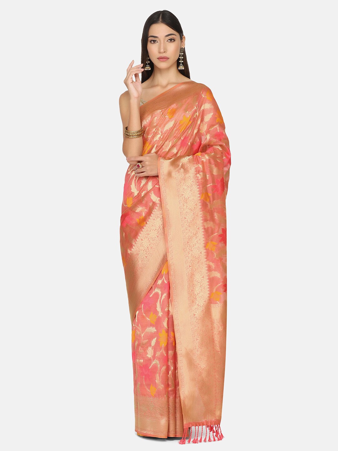 

BOMBAY SELECTIONS Pink & Gold-Toned Woven Design Zari Organza Banarasi Saree