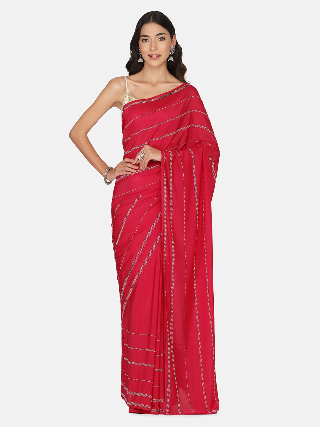 BOMBAY SELECTIONS Magenta & Gold-Toned Embellished Beads and Stones Pure Crepe Saree