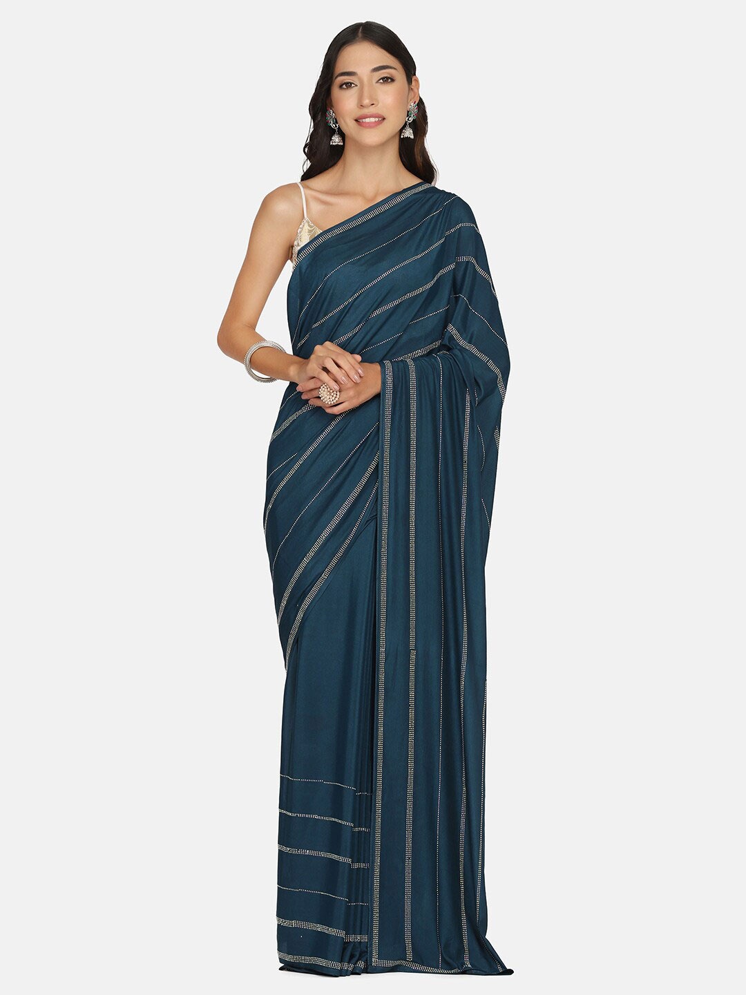 

BOMBAY SELECTIONS Blue & Gold-Toned Striped Pure Crepe Saree