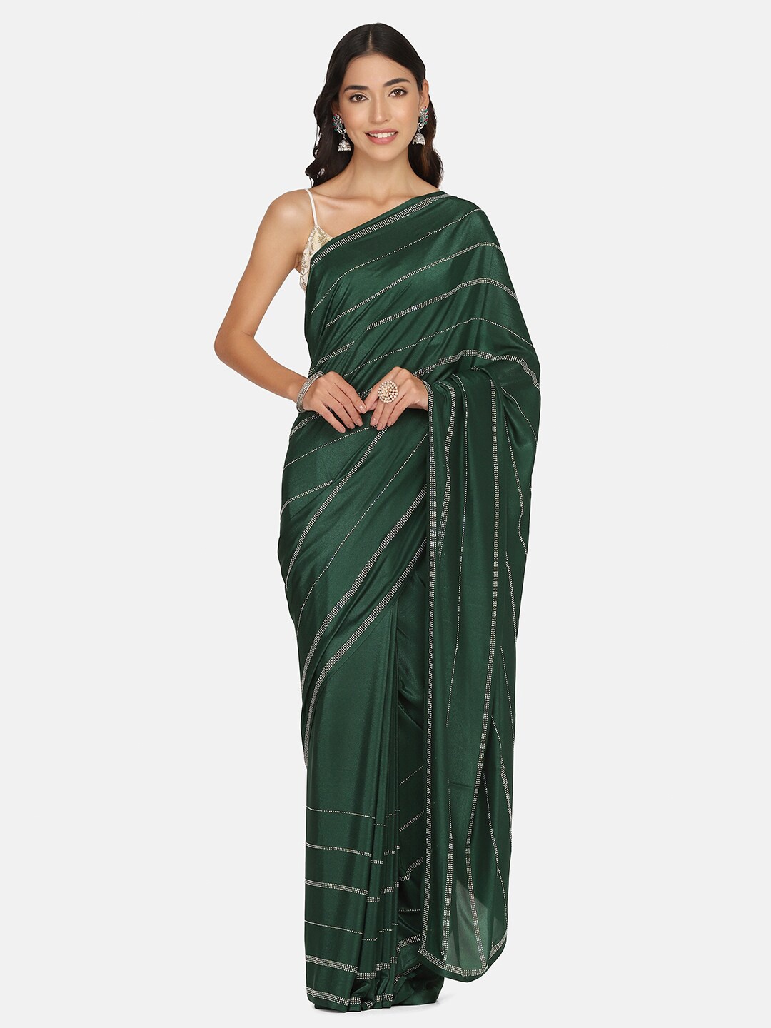 

BOMBAY SELECTIONS Green & Gold-Toned Striped Beads and Stones Pure Crepe Saree